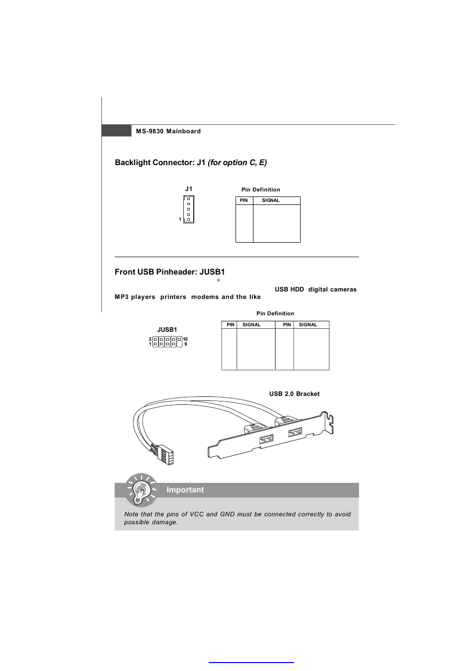 Front usb pinheader: jusb1, Important, Backlight connector: j1 (for option c, e) | MSI IM-945GSE SERIES MS-9830 User Manual | Page 42 / 83