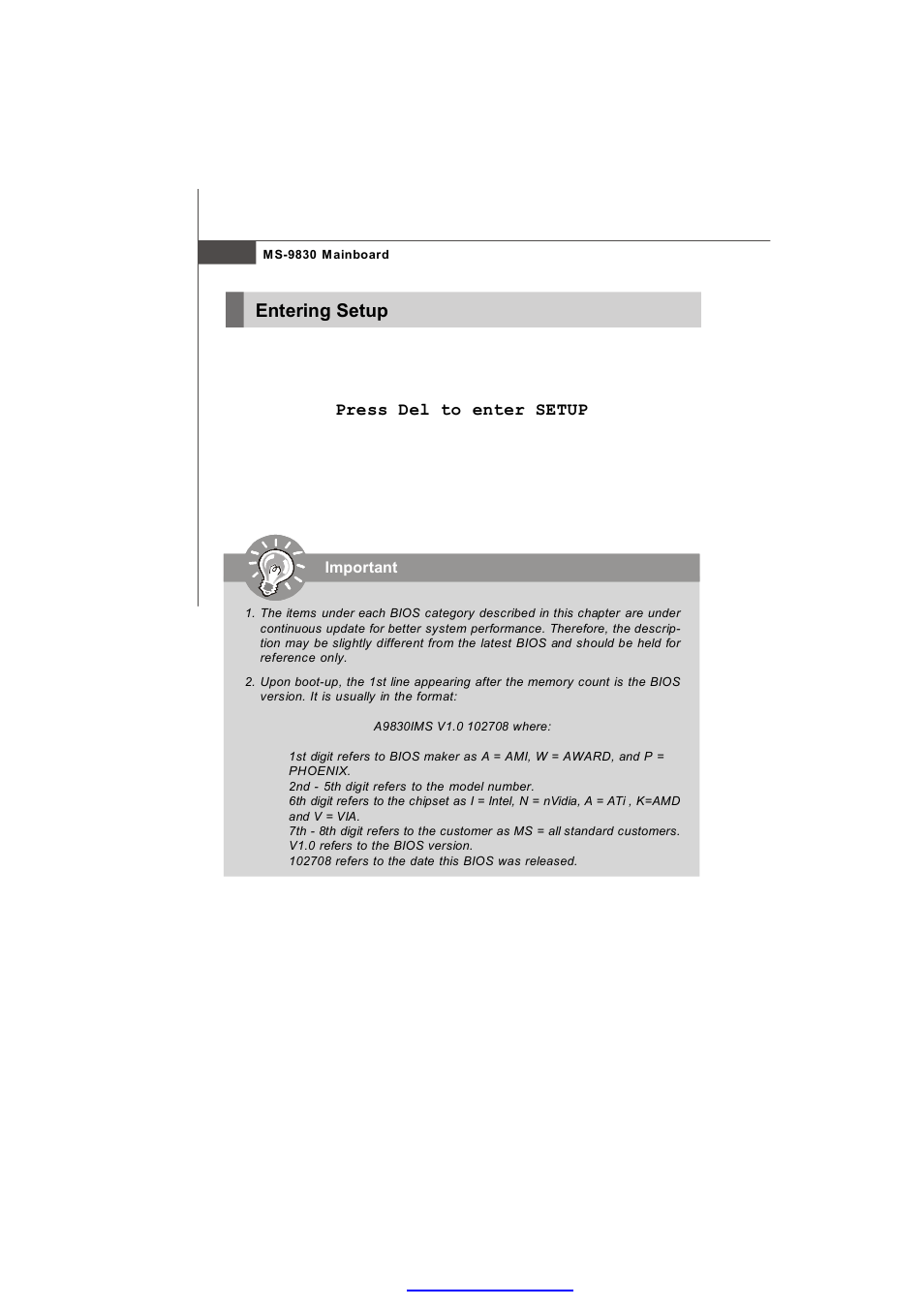 Entering setup | MSI IM-945GSE SERIES MS-9830 User Manual | Page 50 / 83