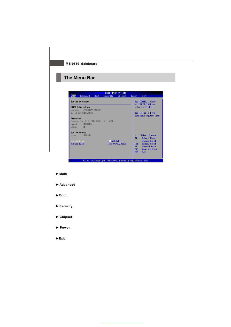 The menu bar | MSI IM-945GSE SERIES MS-9830 User Manual | Page 52 / 83