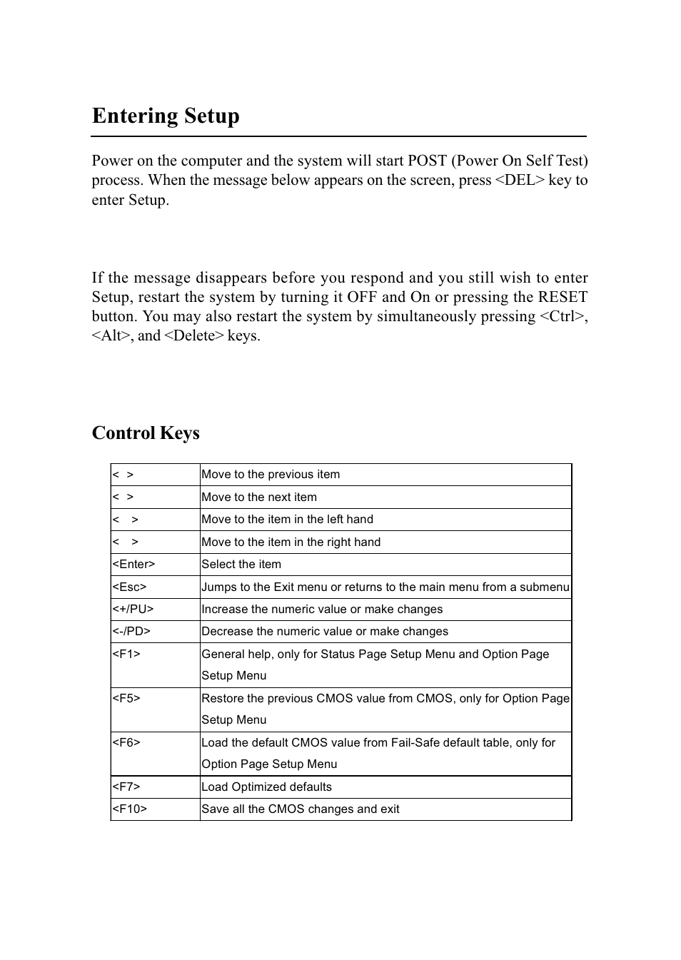 Entering setup, Control keys | MSI G52-MA00628 User Manual | Page 44 / 85