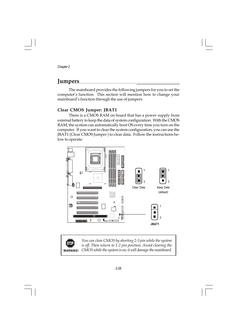 Jumpers, Clear cmos jumper: jbat1 | MSI ATX Motherboard G52-MA00362 User Manual | Page 40 / 84