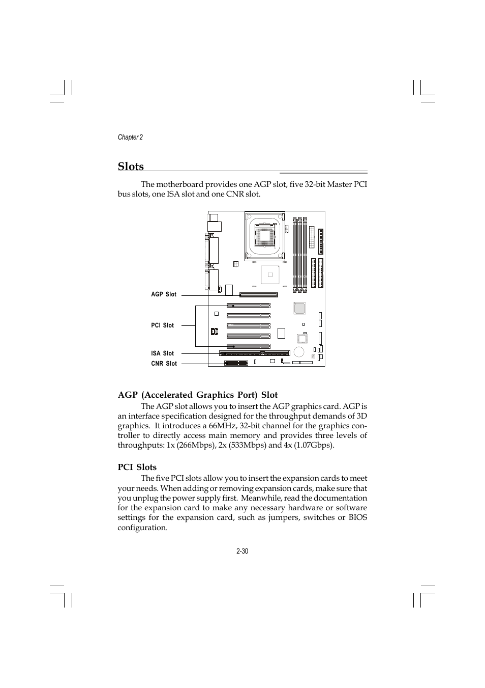 Slots, Agp (accelerated graphics port) slot, Pci slots | MSI ATX Motherboard G52-MA00362 User Manual | Page 42 / 84