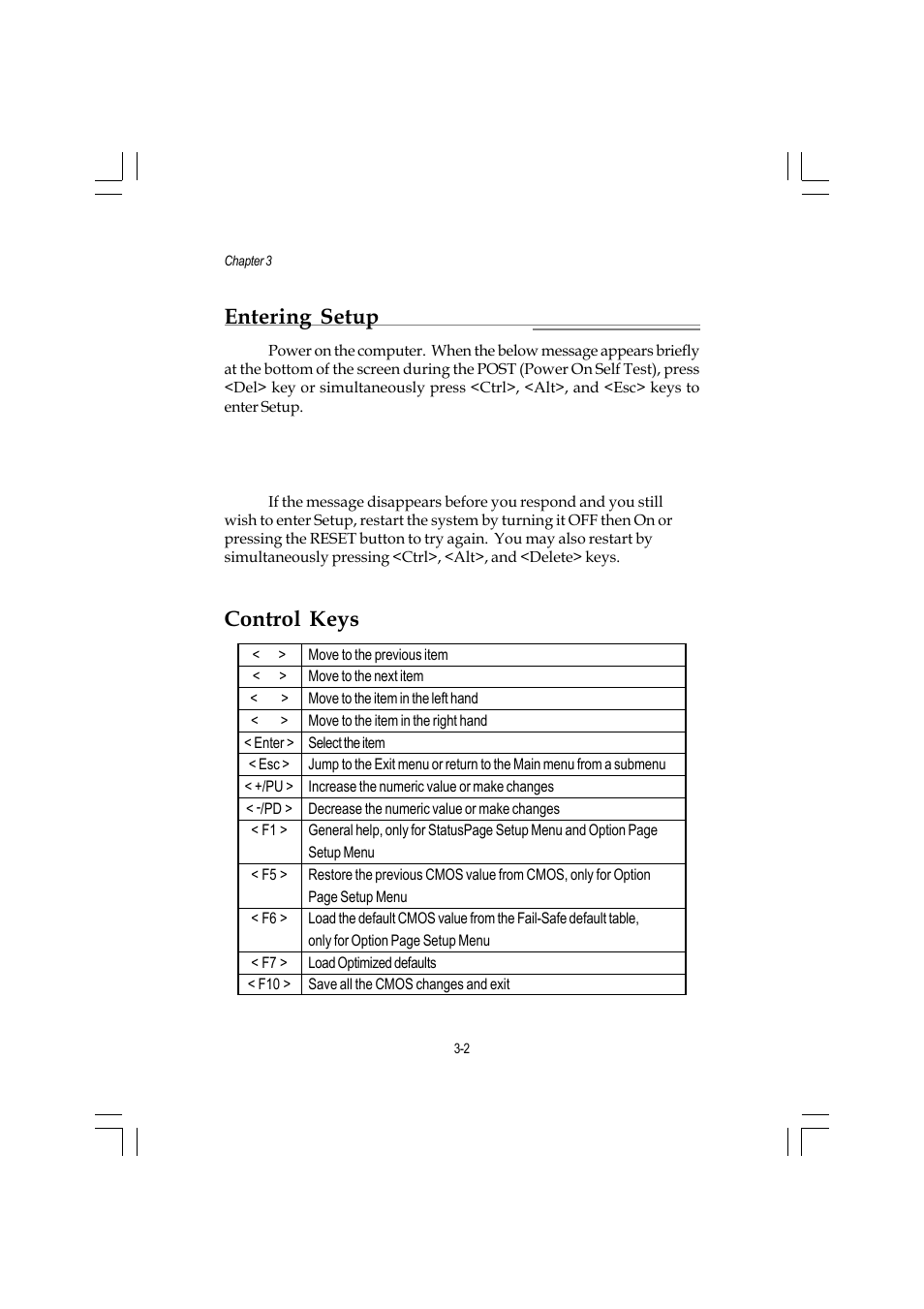 Entering setup, Control keys | MSI ATX Motherboard G52-MA00362 User Manual | Page 45 / 84