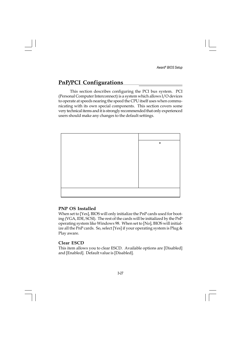 Pnp/pci configurations, Pnp os installed, Clear escd | MSI ATX Motherboard G52-MA00362 User Manual | Page 70 / 84