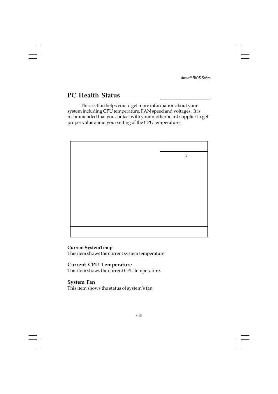 Pc health status, Current cpu temperature, System fan | MSI ATX Motherboard G52-MA00362 User Manual | Page 72 / 84