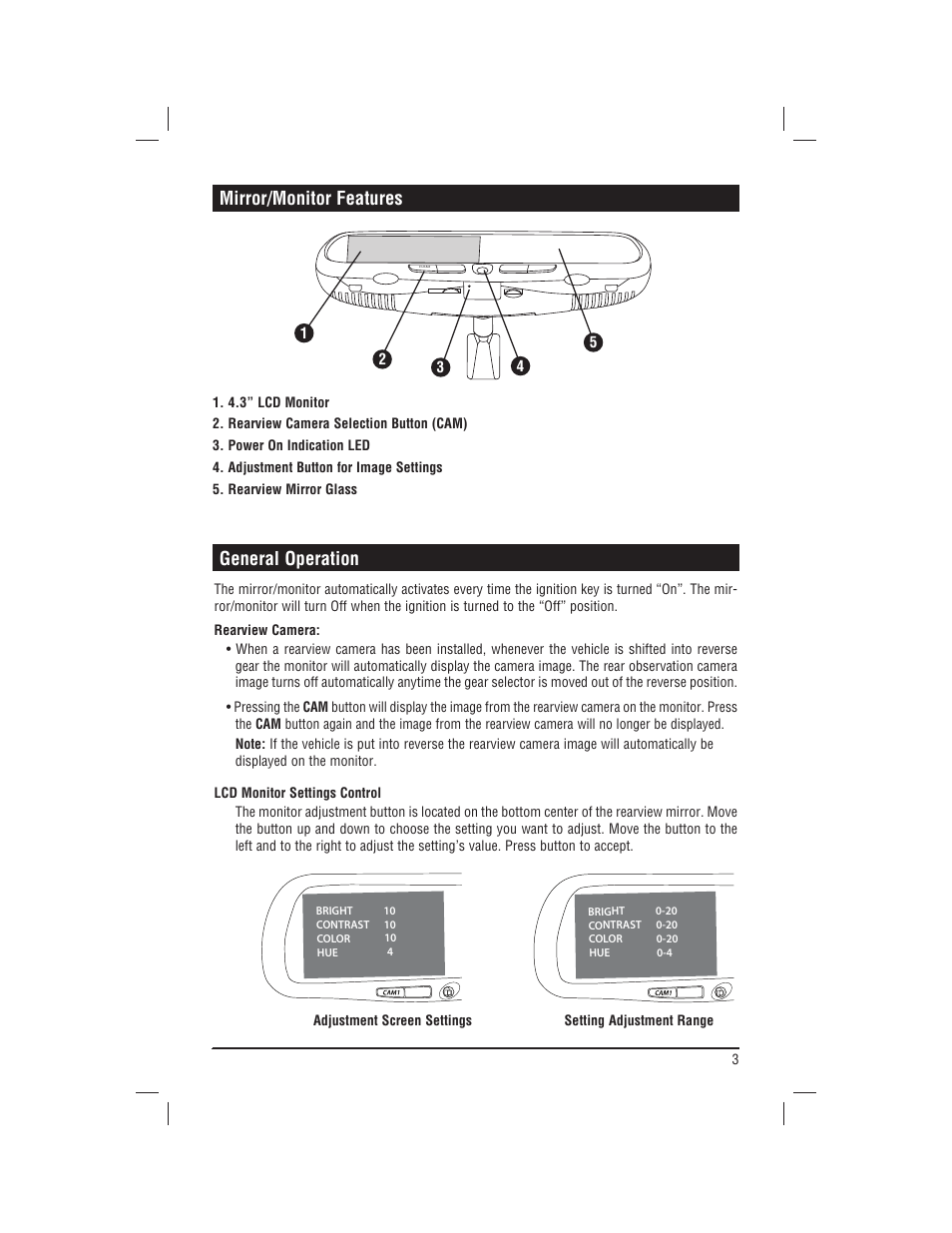 Mirror/monitor features, General operation | Magnadyne REARVIEW MIRROR/MONITOR M35 User Manual | Page 3 / 8