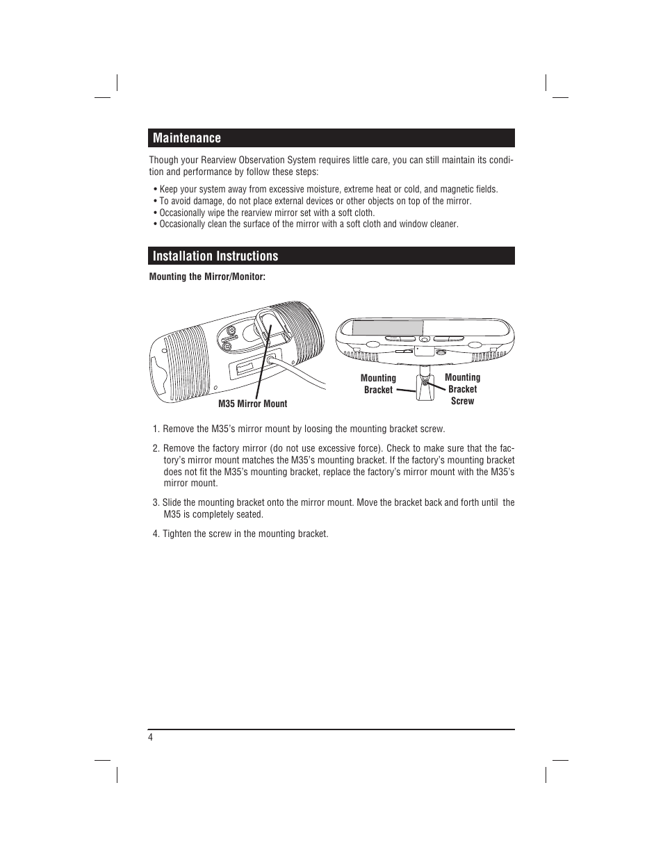 Installation instructions, Maintenance | Magnadyne REARVIEW MIRROR/MONITOR M35 User Manual | Page 4 / 8