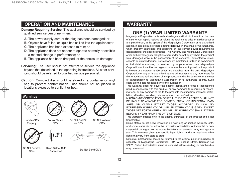 Warranty one (1) year limited warranty, Operation and maintenance | Magnadyne LS3500CDB User Manual | Page 12 / 12