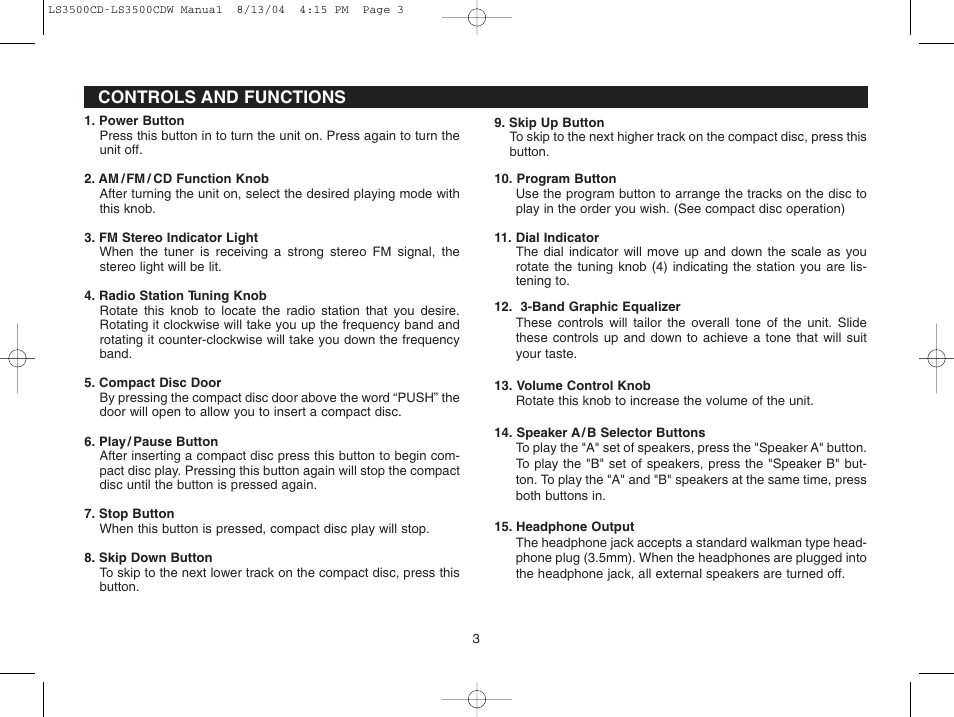 Controls and functions | Magnadyne LS3500CDB User Manual | Page 3 / 12