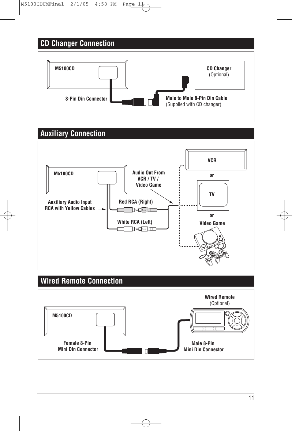 Auxiliary connection, Cd changer connection, Wired remote connection | Magnadyne M5100CD User Manual | Page 11 / 15