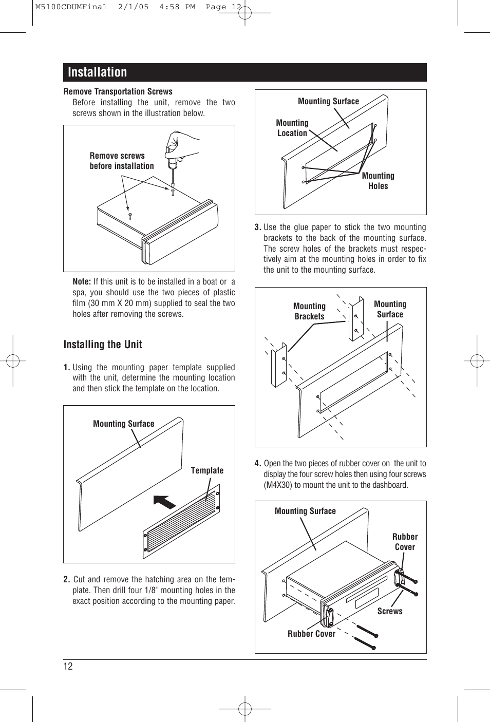 Installation, Installing the unit | Magnadyne M5100CD User Manual | Page 12 / 15