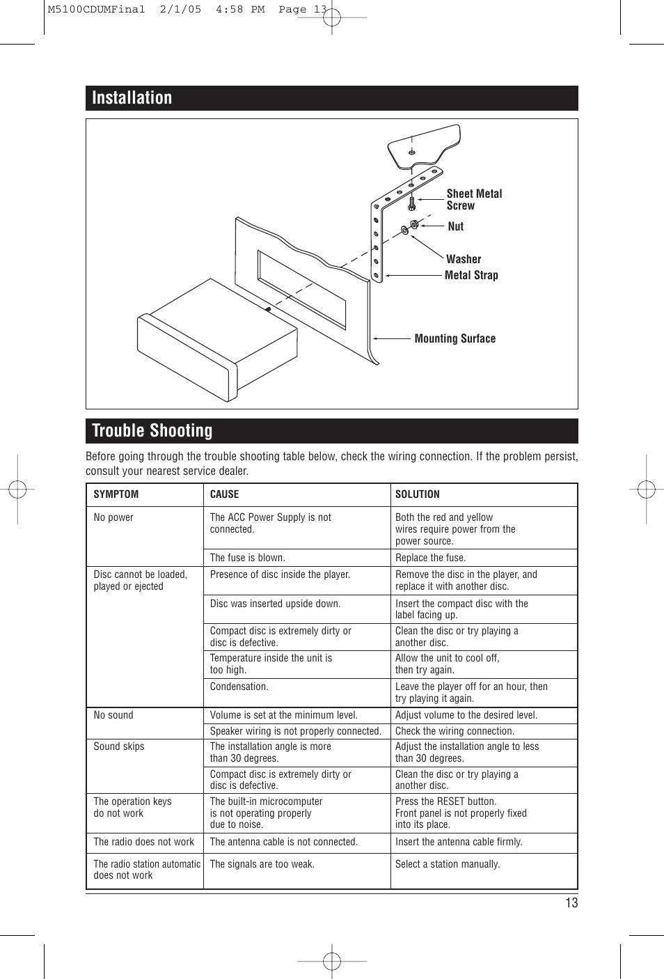 Trouble shooting, Installation | Magnadyne M5100CD User Manual | Page 13 / 15