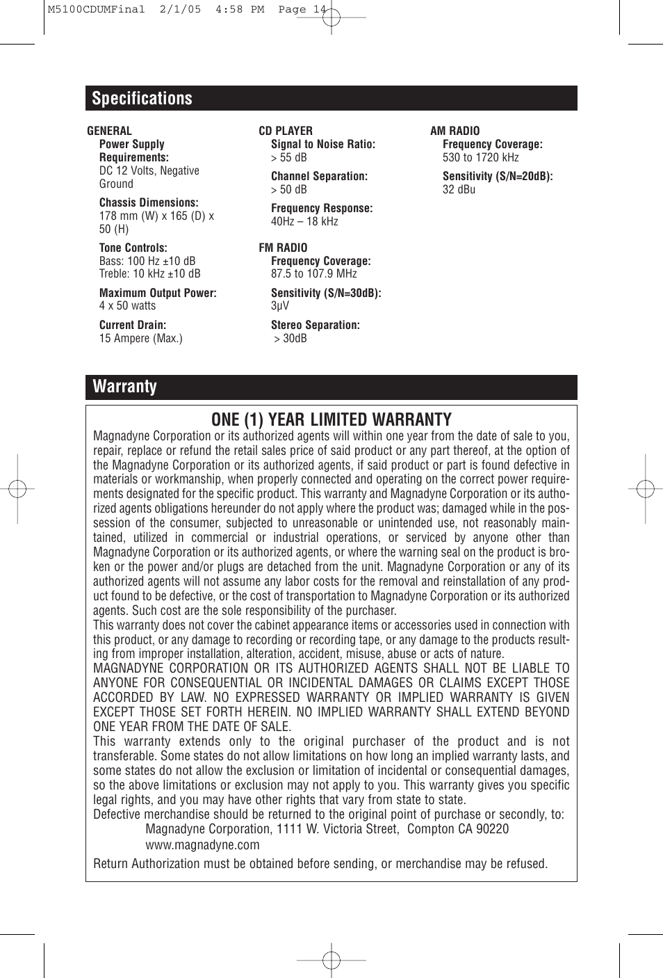 Warranty one (1) year limited warranty, Specifications | Magnadyne M5100CD User Manual | Page 14 / 15