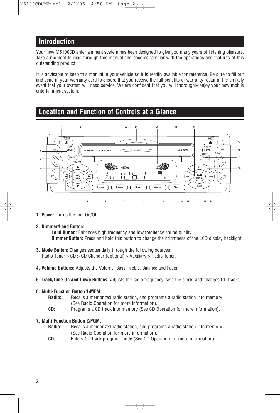 Location and function of controls at a glance, Introduction | Magnadyne M5100CD User Manual | Page 2 / 15