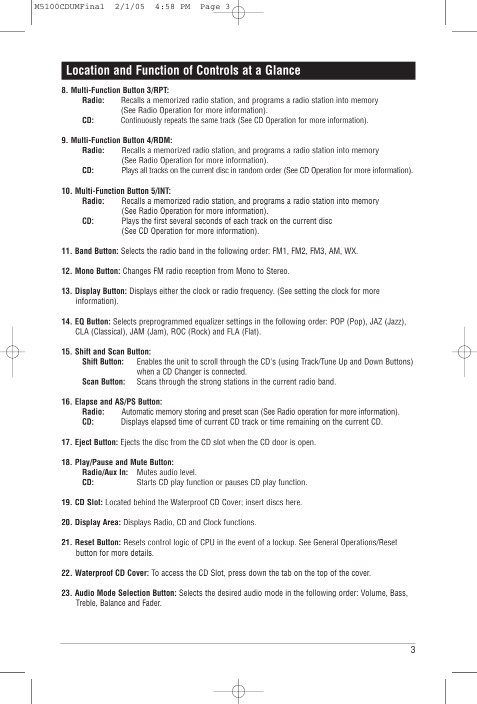 Location and function of controls at a glance | Magnadyne M5100CD User Manual | Page 3 / 15