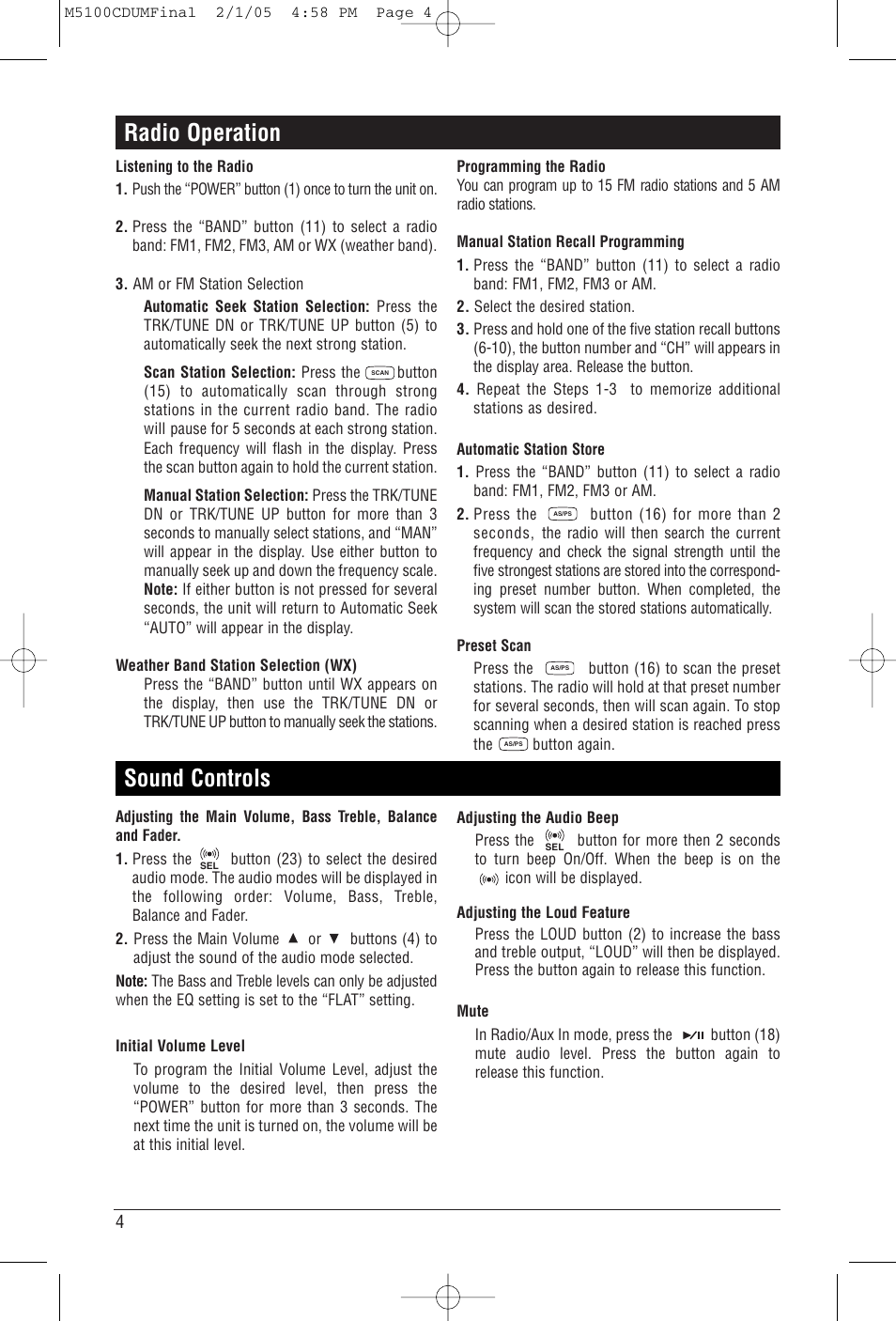 Radio operation, Sound controls | Magnadyne M5100CD User Manual | Page 4 / 15