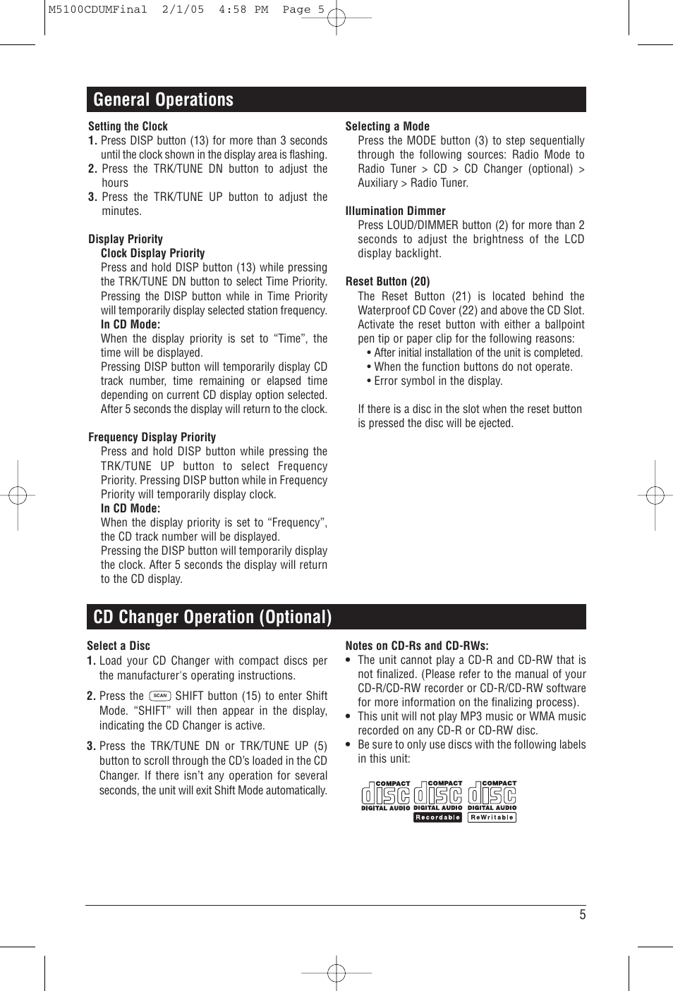 General operations, Cd changer operation (optional) | Magnadyne M5100CD User Manual | Page 5 / 15