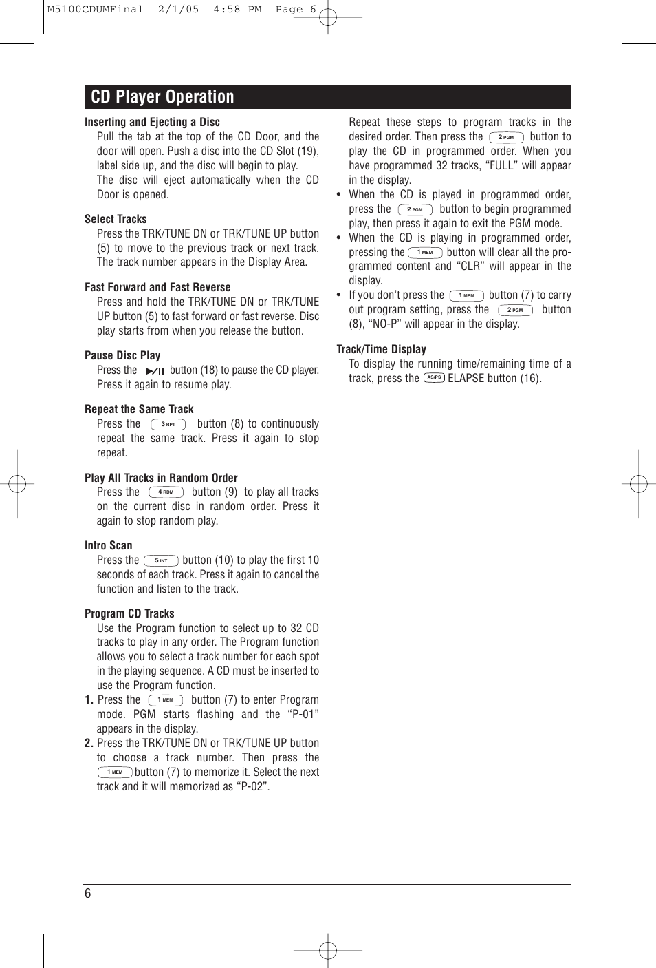 Cd player operation | Magnadyne M5100CD User Manual | Page 6 / 15