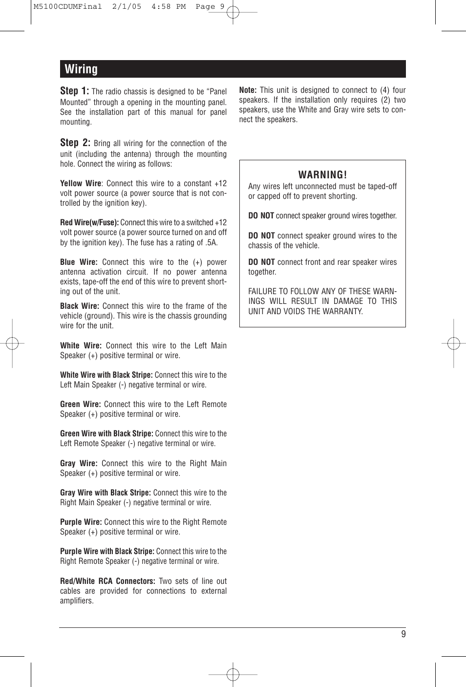Wiring, Step 1, Step 2 | Warning | Magnadyne M5100CD User Manual | Page 9 / 15