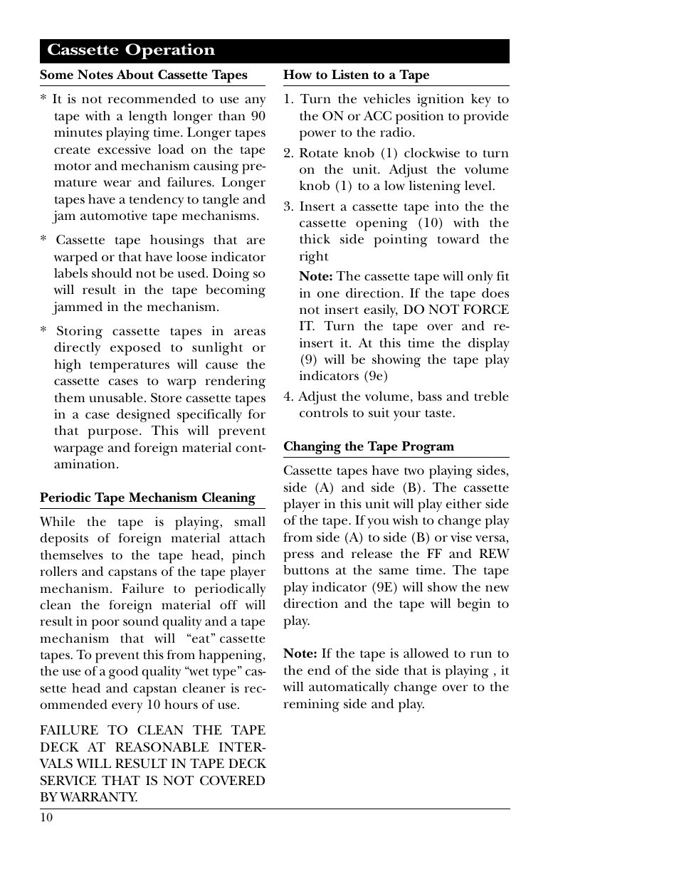 Cassette operation | Magnadyne M9860f User Manual | Page 10 / 16