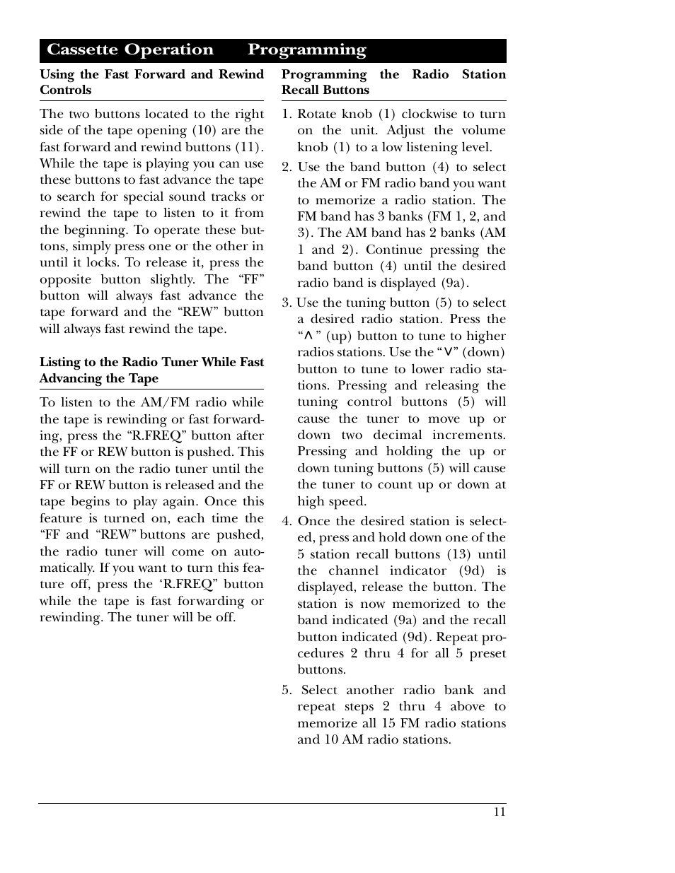 Cassette operation programming | Magnadyne M9860f User Manual | Page 11 / 16