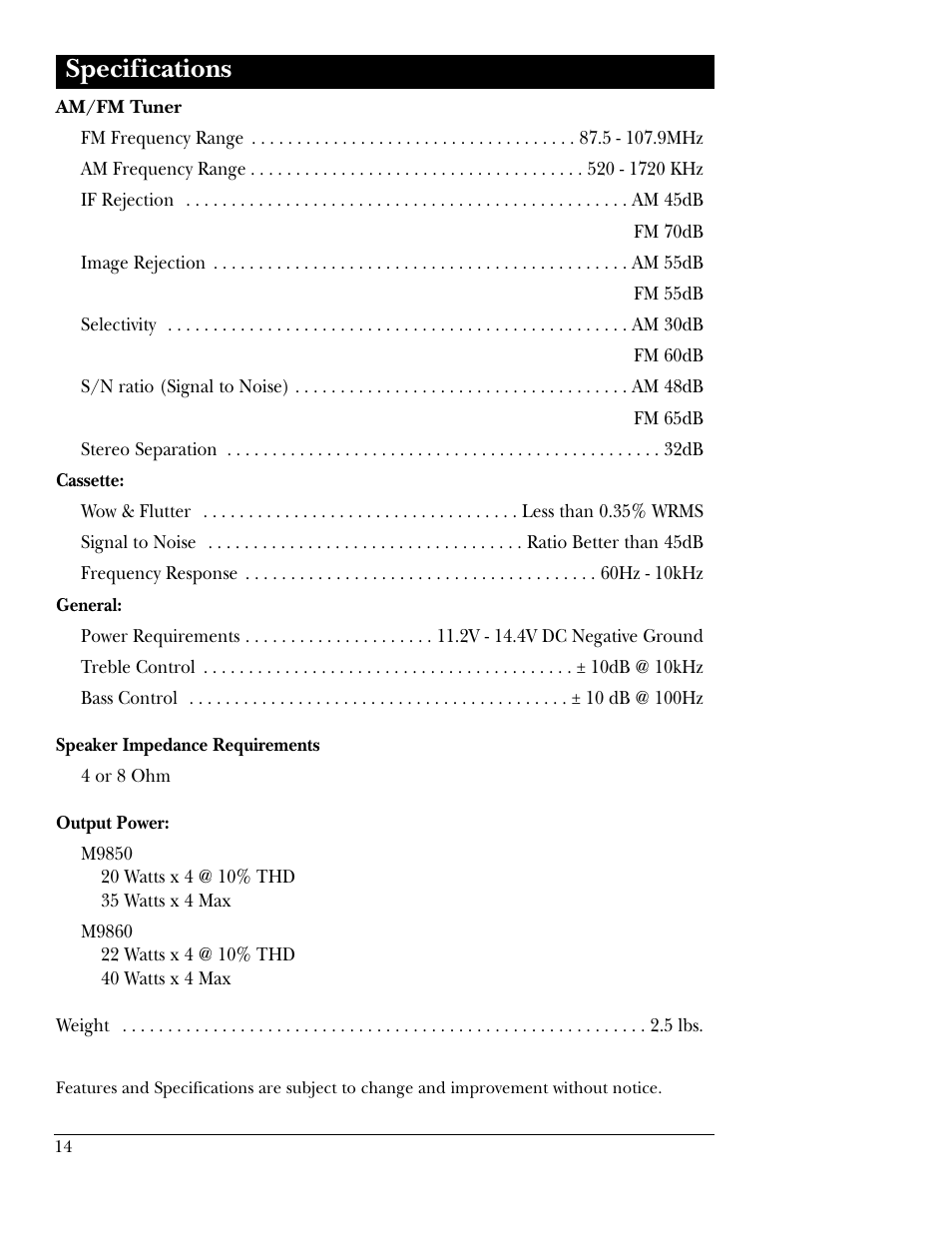 Specifications | Magnadyne M9860f User Manual | Page 14 / 16