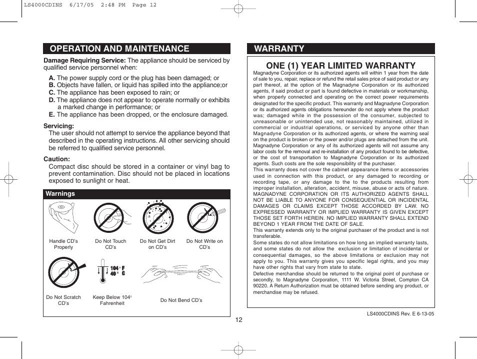 Warranty one (1) year limited warranty, Operation and maintenance | Magnadyne LS4000S LS4001W User Manual | Page 12 / 12