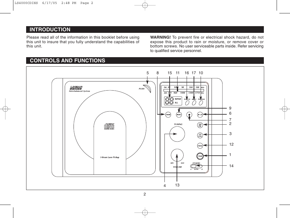 Introduction, Controls and functions | Magnadyne LS4000S LS4001W User Manual | Page 2 / 12
