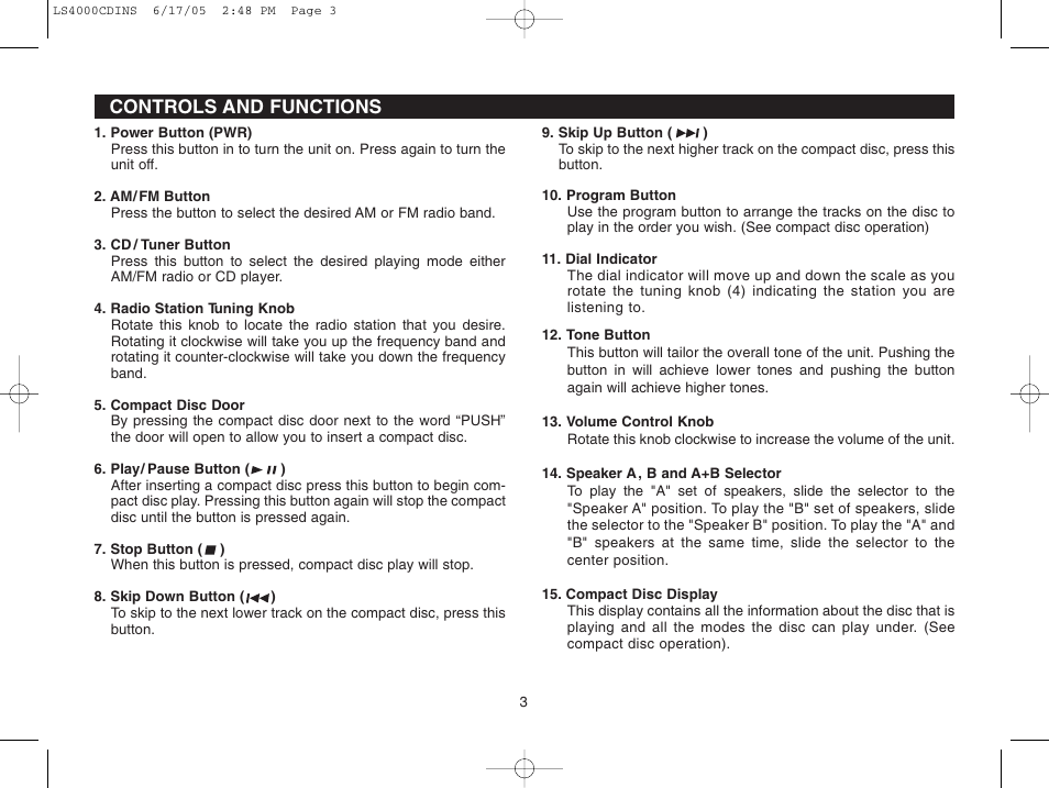 Controls and functions | Magnadyne LS4000S LS4001W User Manual | Page 3 / 12