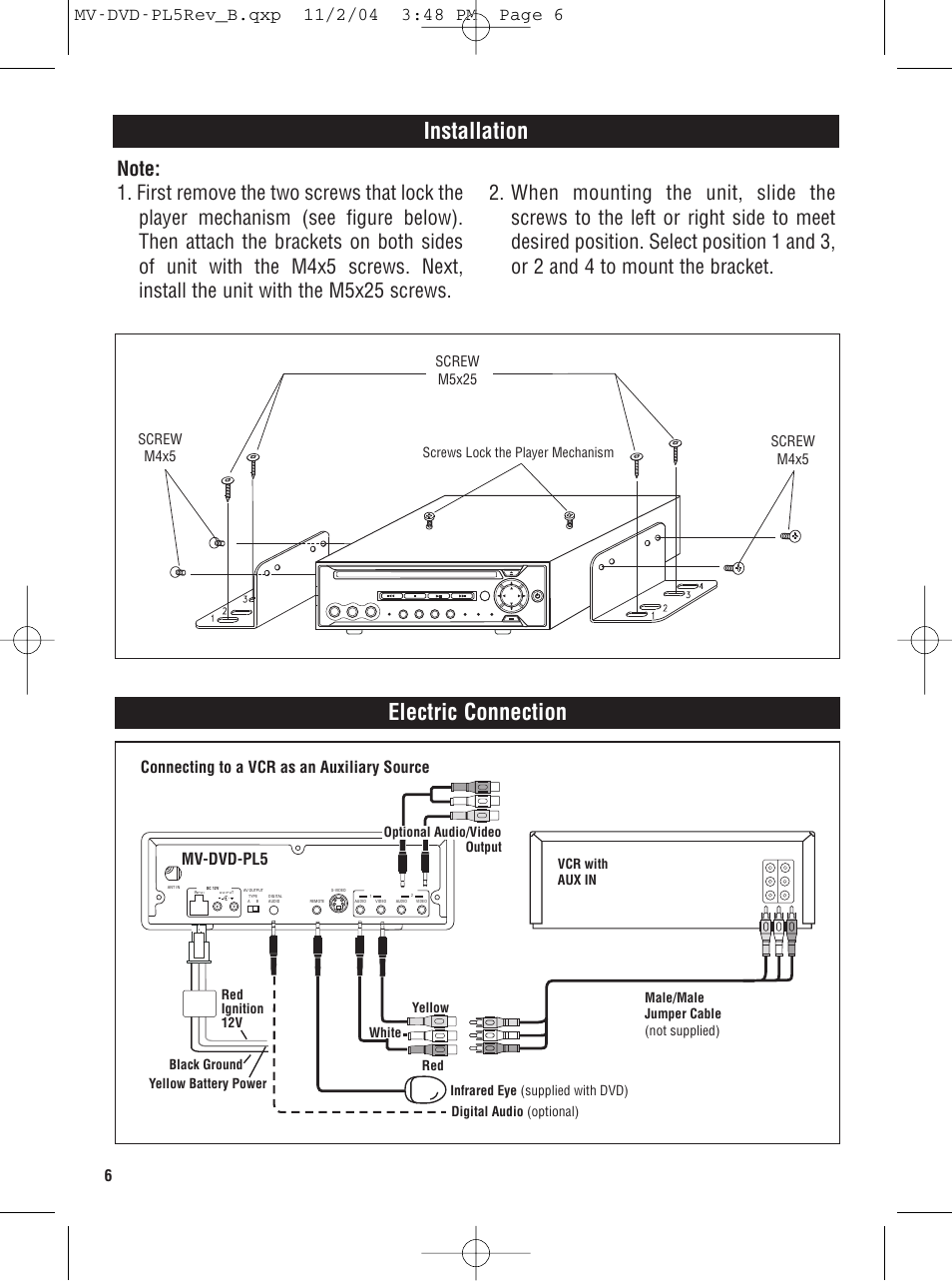 Installation, Electric connection, Mv-dvd-pl5 | Connecting to a vcr as an auxiliary source | Magnadyne MV-DVD-PL5 User Manual | Page 6 / 24