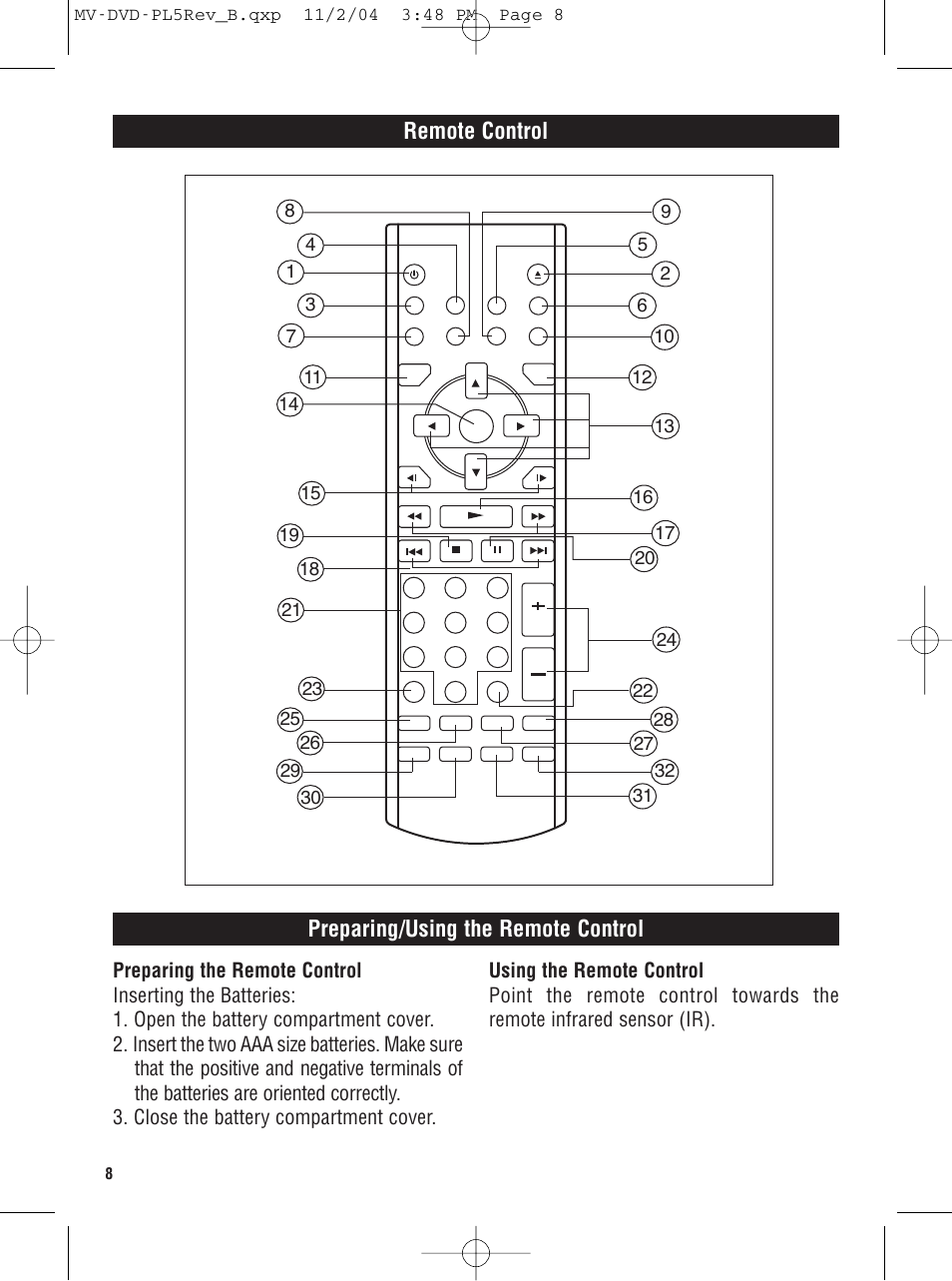 Remote control, Preparing/using the remote control | Magnadyne MV-DVD-PL5 User Manual | Page 8 / 24