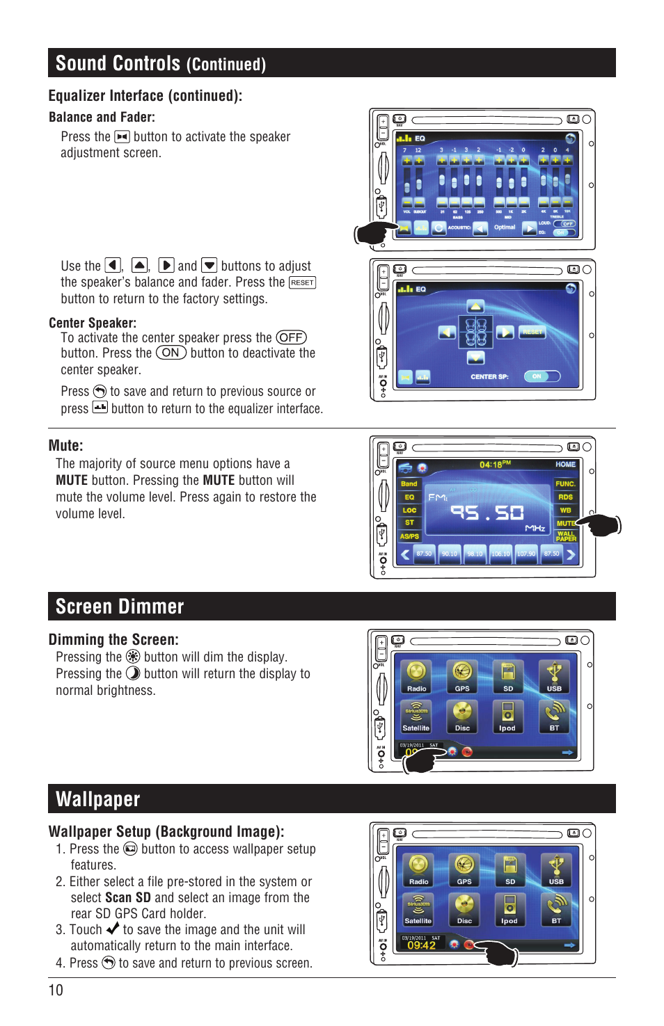 Sound controls, Screen dimmer, Wallpaper | Continued) | Magnadyne M4-LCD User Manual | Page 10 / 56