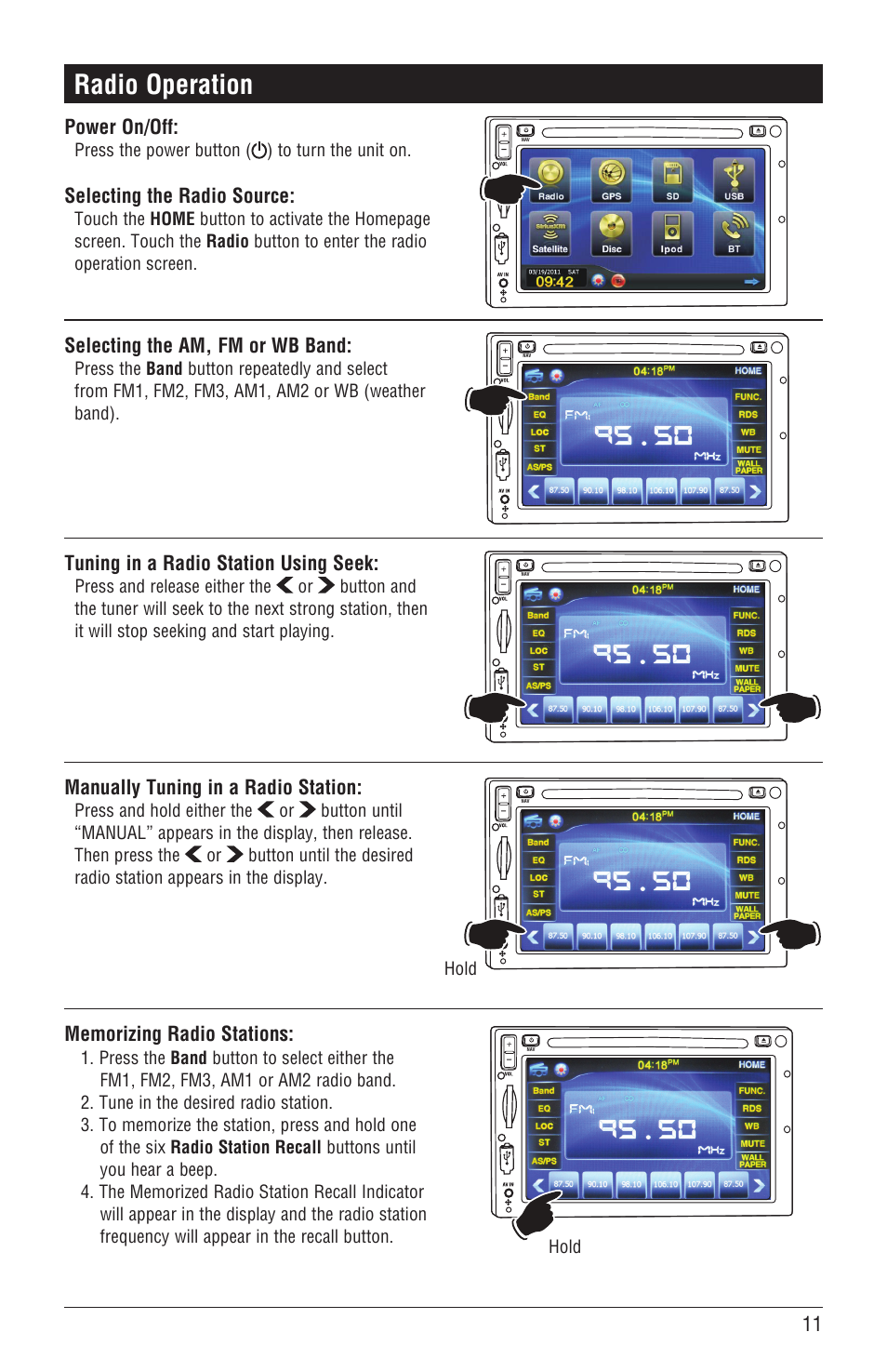 Radio operation, Power on/off, Selecting the radio source | Selecting the am, fm or wb band, Tuning in a radio station using seek, Manually tuning in a radio station | Magnadyne M4-LCD User Manual | Page 11 / 56