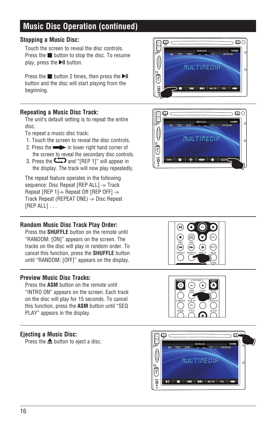 Music disc operation (continued), Ejecting a music disc, Repeating a music disc track | Preview music disc tracks, Random music disc track play order, Stopping a music disc, Press the button to eject a disc | Magnadyne M4-LCD User Manual | Page 16 / 56
