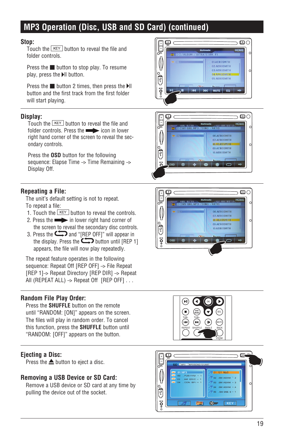 Mp3 operation (disc, usb and sd card) (continued), Display, Stop | Repeating a file, Random file play order, Ejecting a disc, Removing a usb device or sd card | Magnadyne M4-LCD User Manual | Page 19 / 56