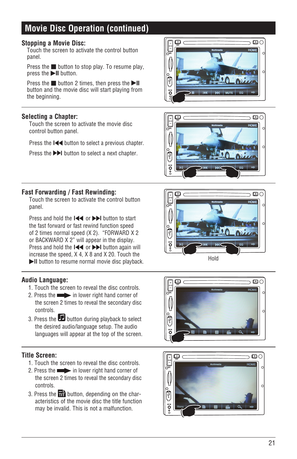 Movie disc operation (continued), 21 selecting a chapter, Stopping a movie disc | Fast forwarding / fast rewinding, Audio language, Title screen | Magnadyne M4-LCD User Manual | Page 21 / 56