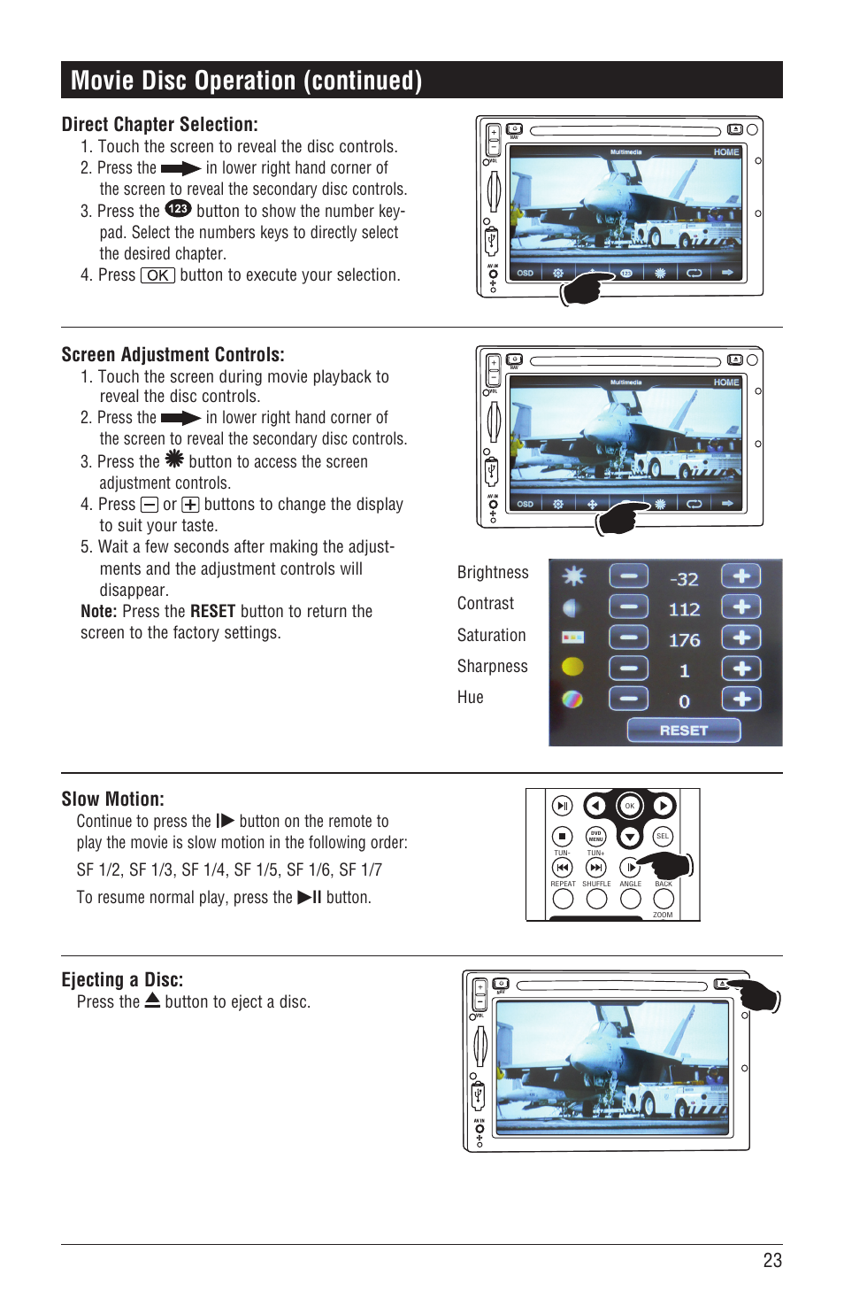 Movie disc operation (continued), 23 ejecting a disc, Slow motion | Direct chapter selection, Screen adjustment controls | Magnadyne M4-LCD User Manual | Page 23 / 56