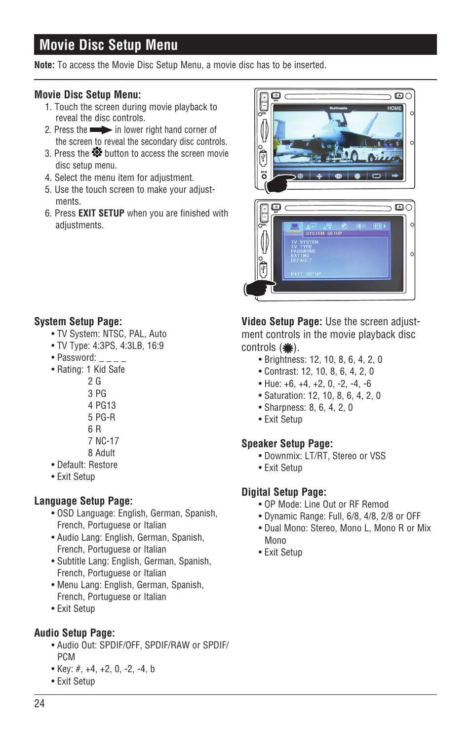 Movie disc setup menu | Magnadyne M4-LCD User Manual | Page 24 / 56
