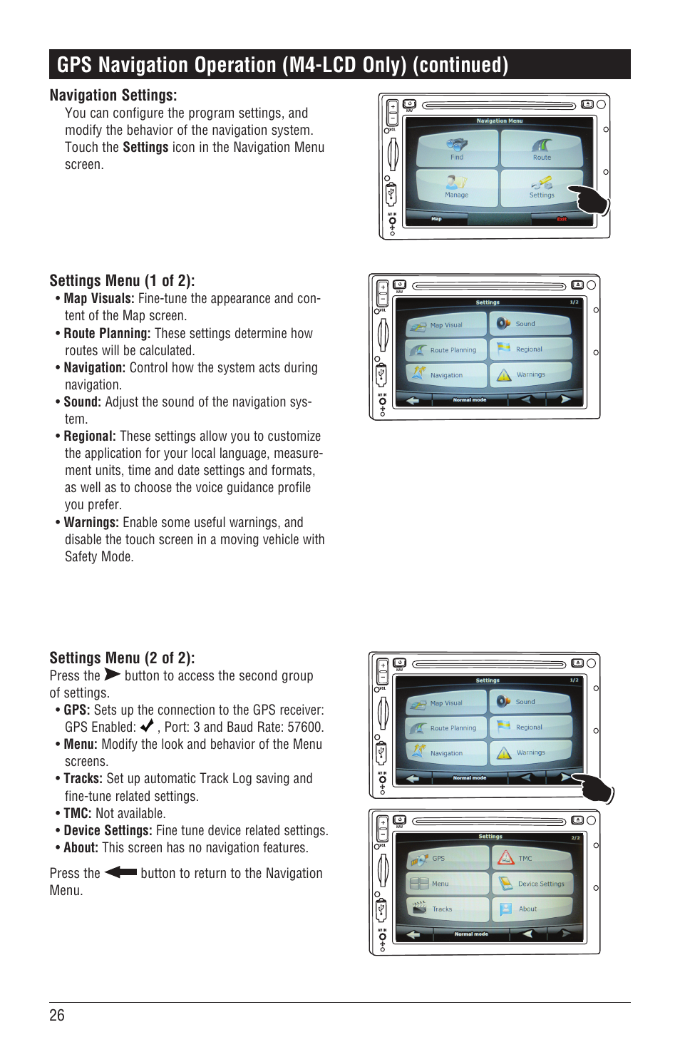 Gps navigation operation (m4-lcd only) (continued) | Magnadyne M4-LCD User Manual | Page 26 / 56