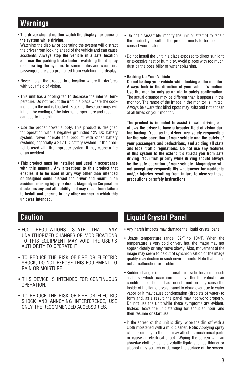 Warnings, Caution, Liquid crystal panel | Magnadyne M4-LCD User Manual | Page 3 / 56