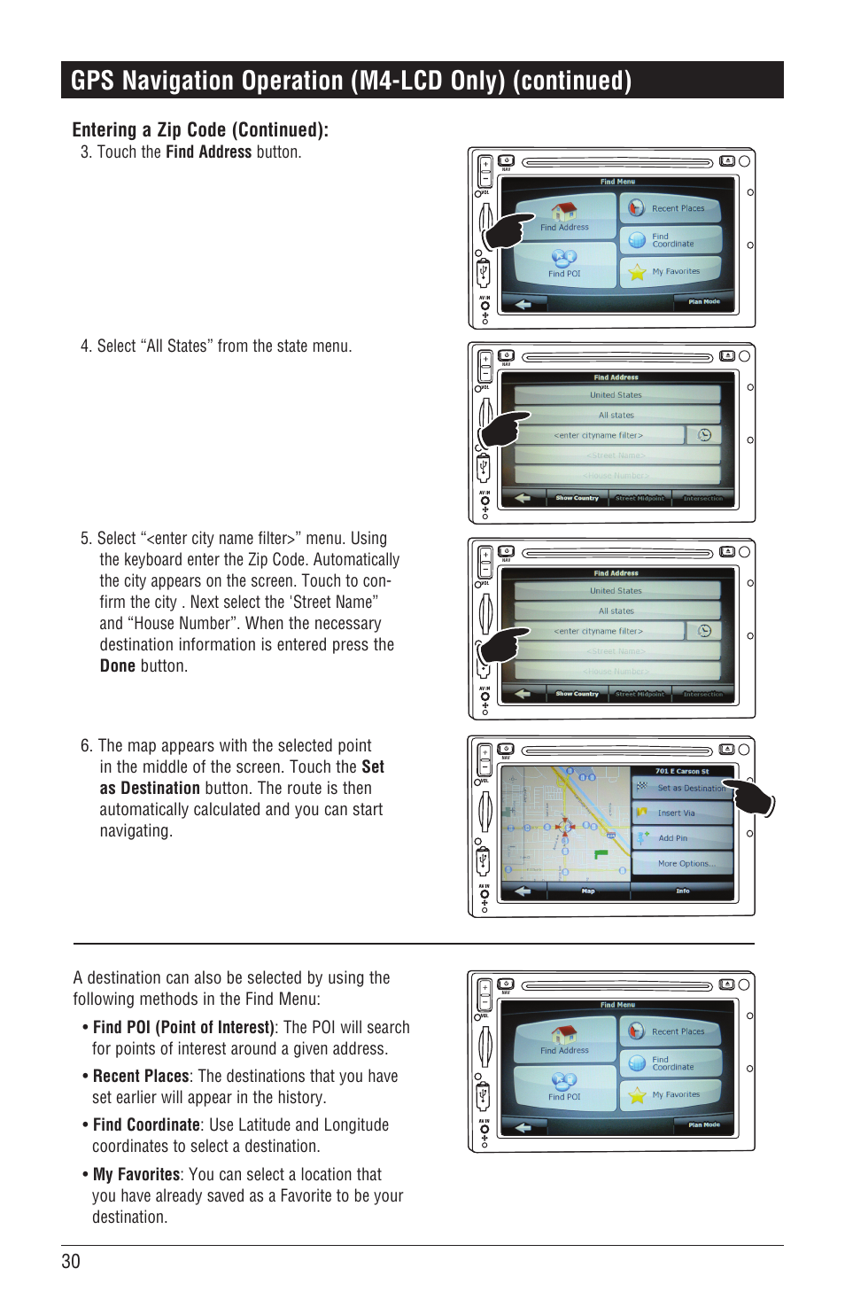 Gps navigation operation (m4-lcd only) (continued), Entering a zip code (continued) | Magnadyne M4-LCD User Manual | Page 30 / 56