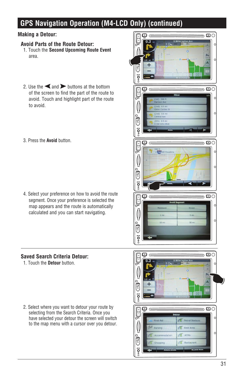 Gps navigation operation (m4-lcd only) (continued), Making a detour: avoid parts of the route detour, Saved search criteria detour | Magnadyne M4-LCD User Manual | Page 31 / 56
