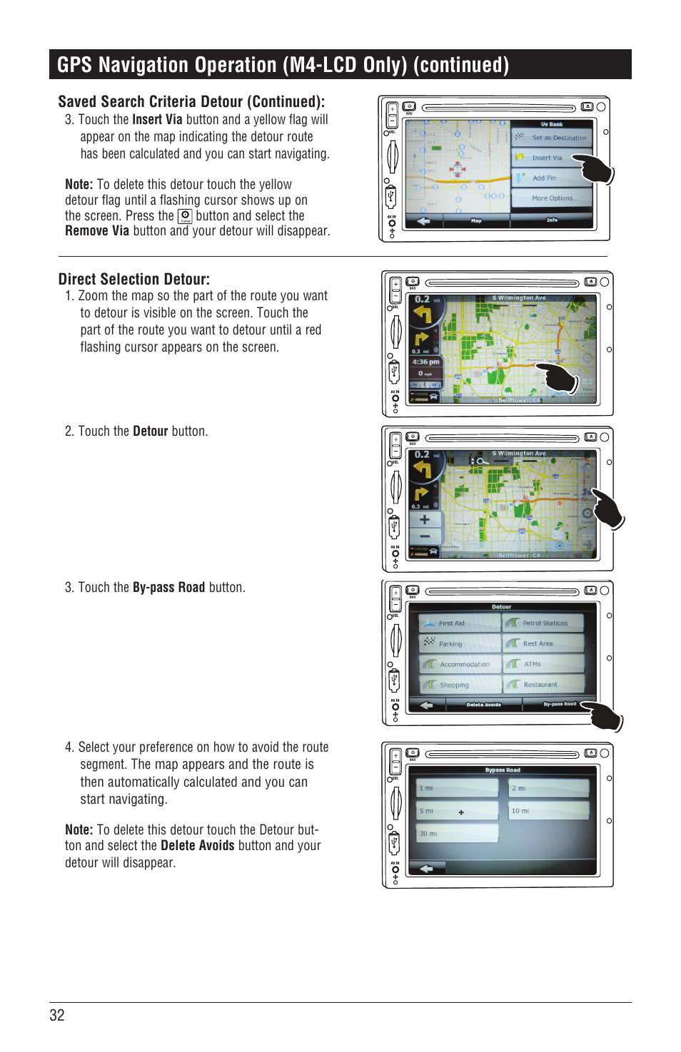 Gps navigation operation (m4-lcd only) (continued), Saved search criteria detour (continued), Direct selection detour | Magnadyne M4-LCD User Manual | Page 32 / 56