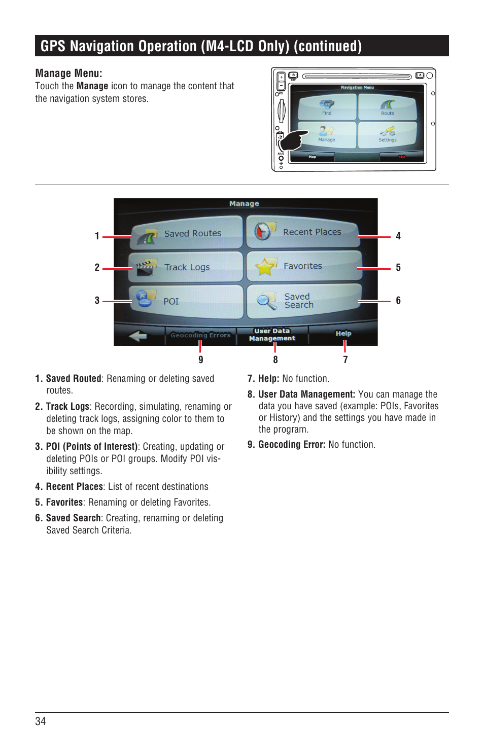 Gps navigation operation (m4-lcd only) (continued) | Magnadyne M4-LCD User Manual | Page 34 / 56