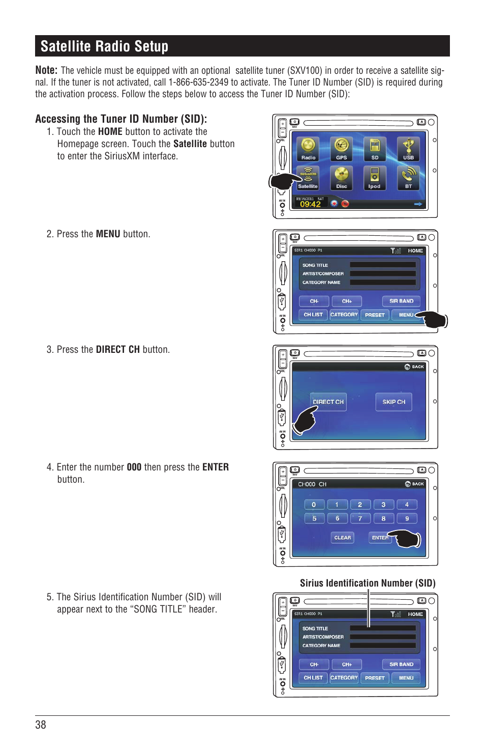 Satellite radio setup, Accessing the tuner id number (sid) | Magnadyne M4-LCD User Manual | Page 38 / 56