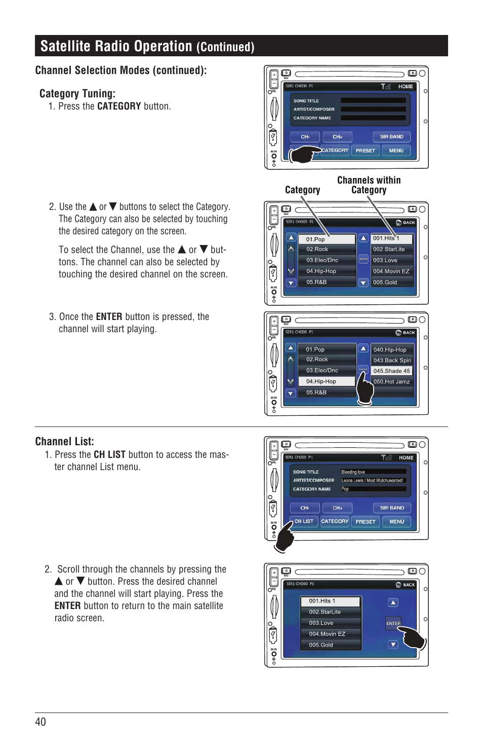 Satellite radio operation, Continued), Category tuning | Channel list, Channel selection modes (continued) | Magnadyne M4-LCD User Manual | Page 40 / 56