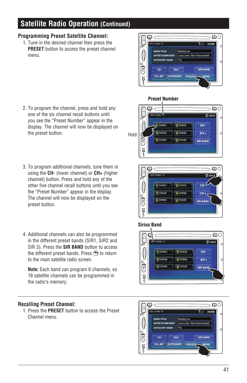 Satellite radio operation, Continued), Recalling preset channel | Programming preset satellite channel | Magnadyne M4-LCD User Manual | Page 41 / 56