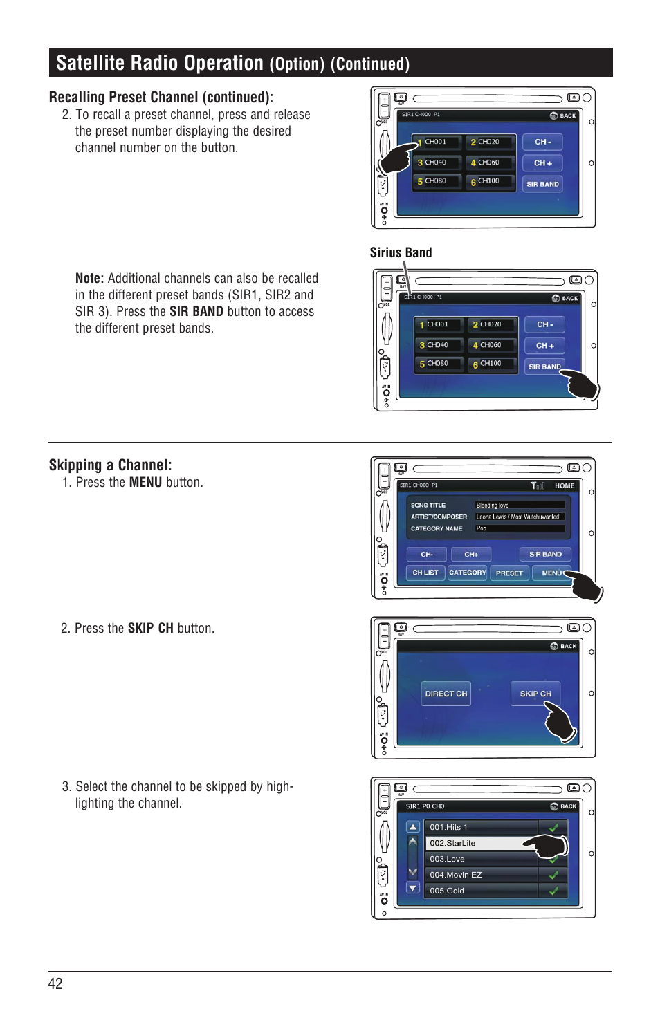 Satellite radio operation, Option), Continued) | Skipping a channel, Recalling preset channel (continued) | Magnadyne M4-LCD User Manual | Page 42 / 56