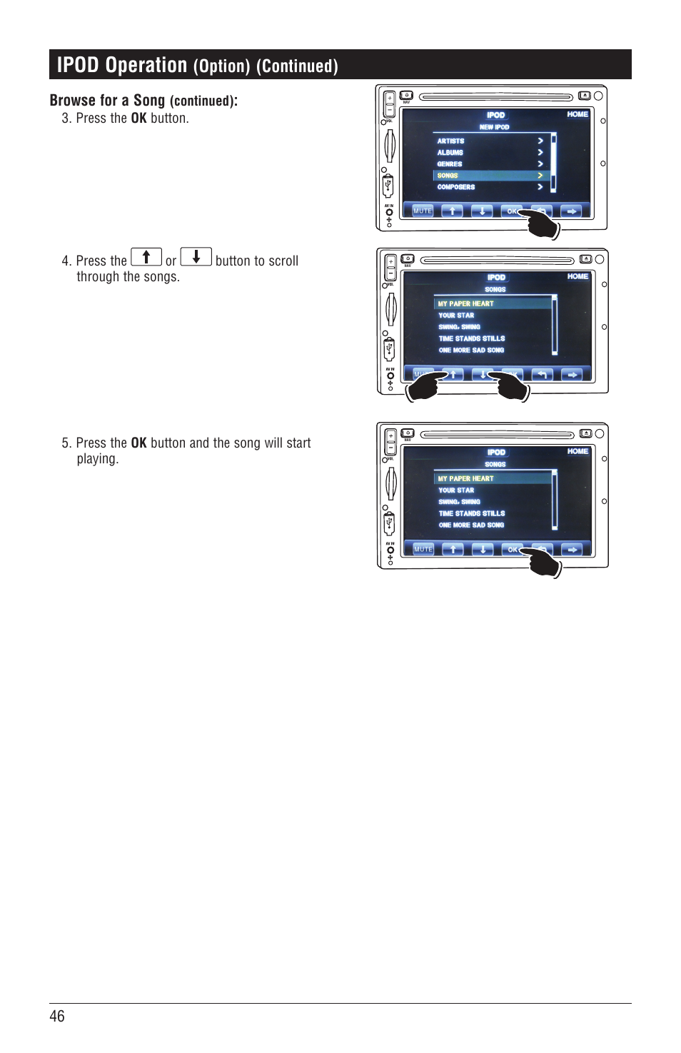 Ipod operation, Option), Continued) | Magnadyne M4-LCD User Manual | Page 46 / 56