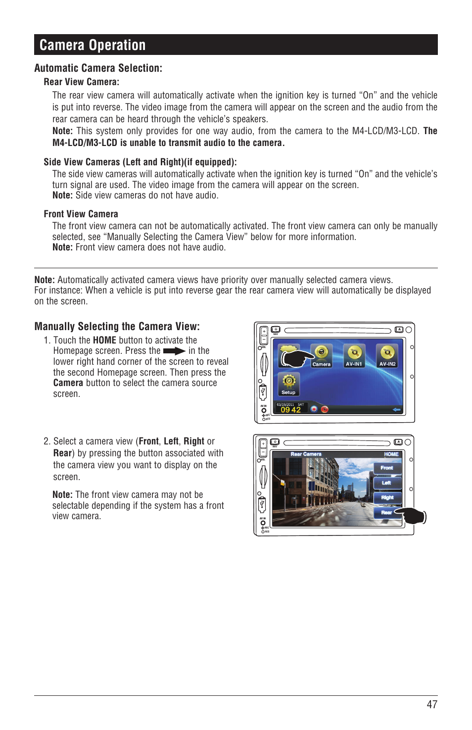 Camera operation, Manually selecting the camera view, Automatic camera selection | Magnadyne M4-LCD User Manual | Page 47 / 56